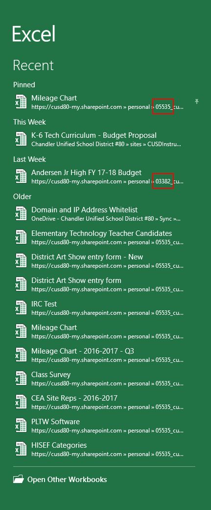 Recent Documents screen in Excel 